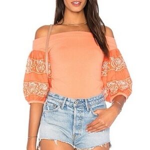 Free People Rock With It Embroidered Off Shoulder Boho Top Orange Size M
